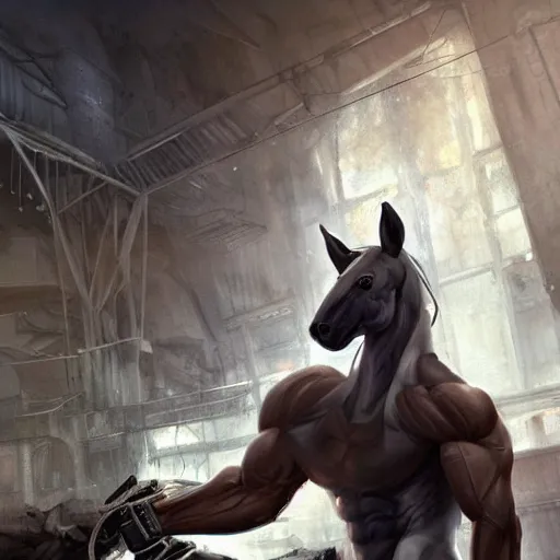 Image similar to a hyper - muscular anthro horse wearing a tactical bodysuit standing in the ruins of a facility, equine, magnificently muscular physique, dynamic pose, highly detailed, digital painting, artstation, concept art, illustration by artgerm, greg rutkowski