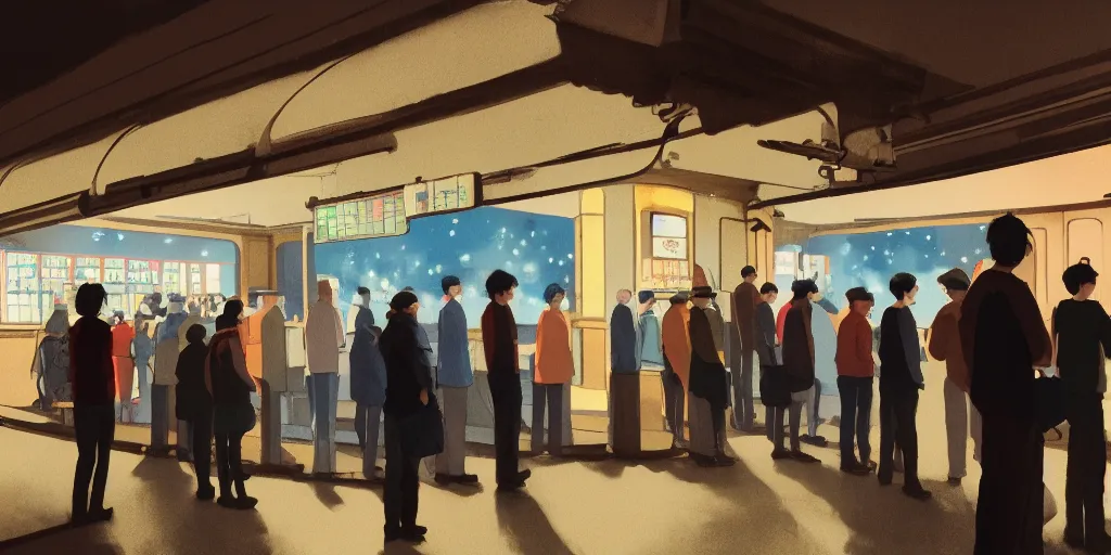 Image similar to queue at a ticketing counter in an old cinema, early morning, detailed matte painting, low angle view, telephoto lens, bokeh, studio ghibli, artstation