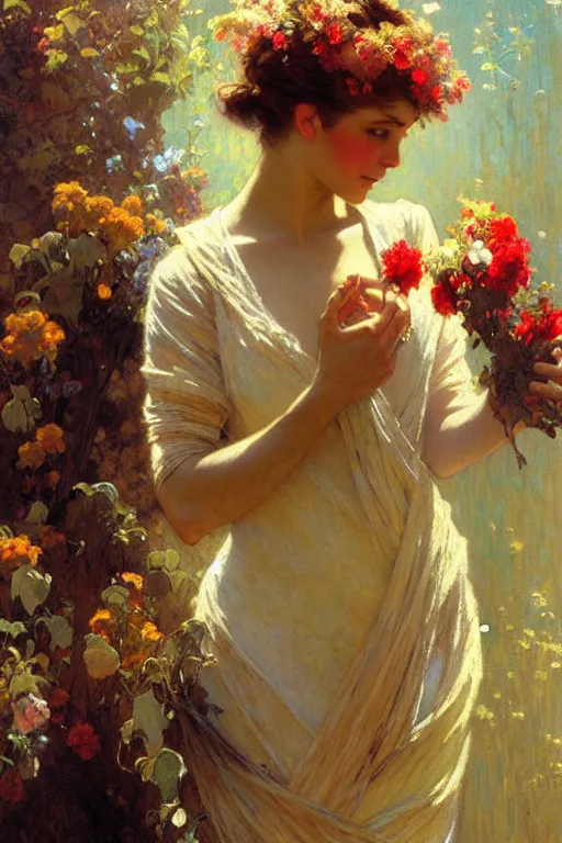 Image similar to attractive woman holding flowers, painting by gaston bussiere, craig mullins, greg rutkowski, alphonse mucha