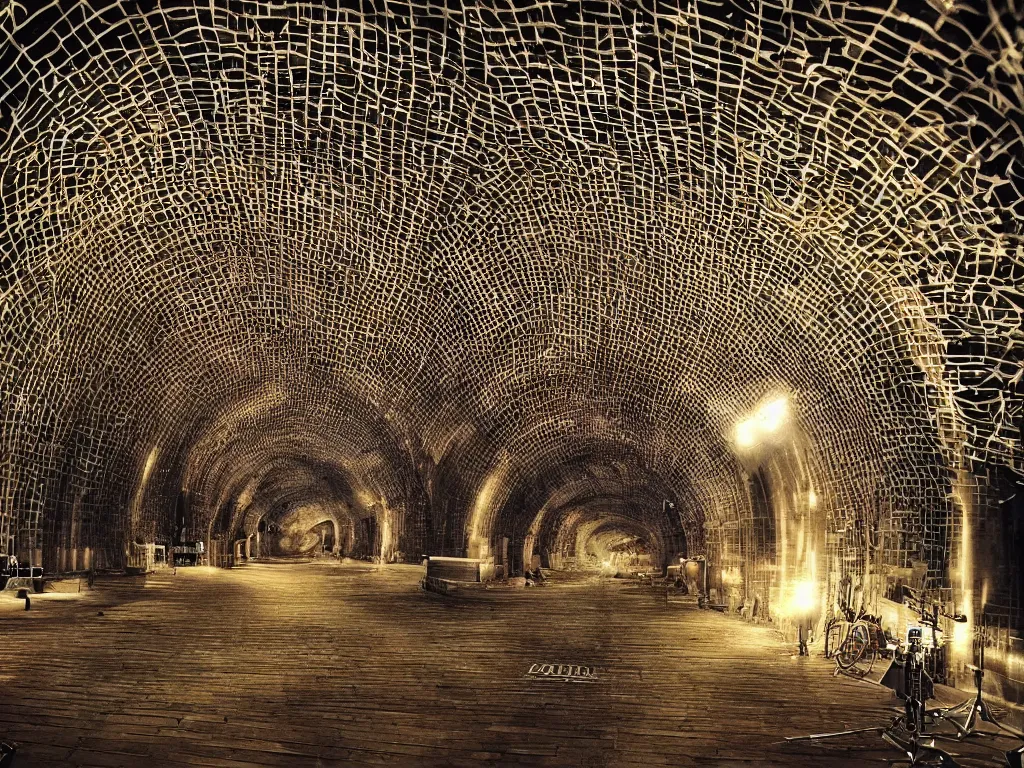 Image similar to an infinite and majestic music studio containing every instrument in existence creates a tunnel leading to the source of inspiration