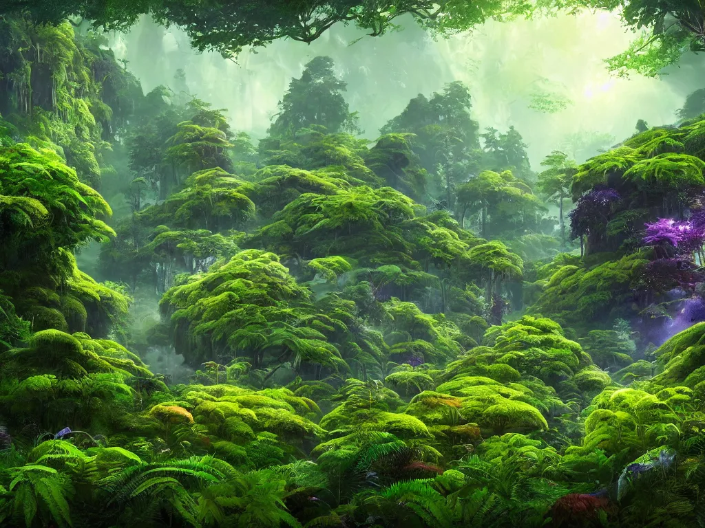 Image similar to a beautiful otherworldly fantasy landscape of dense lush ferns and evergreen trees in hyper detail like the pacific northwest, vivid glowing colors, extreme detail, studio ghibli and pixar and abzu, rendering, cryengine, deep colors, purple and blue and green colors, vray render, cgsociety