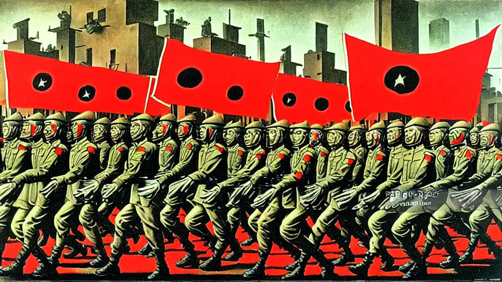 Image similar to army parade glorious march, futuristic alternate timeline, anarcho - communist hordes, red and black flags, modernist factories in background, art by max ernst, cnt spanish civil war era propaganda