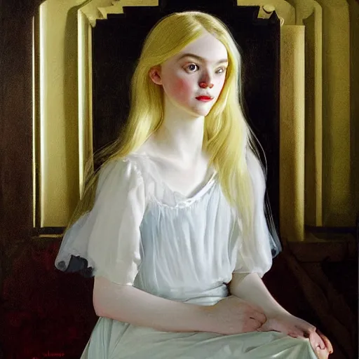 Prompt: Painting of Elle Fanning at a seance surrounded by ghosts, long blonde hair, delicate, pale milky white porcelain skin, spectral green glow, by Leyendecker and Norman Rockwell