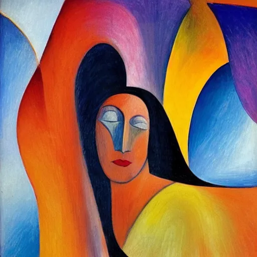 Image similar to woman in glorious robes rose up vast as the skies, old as the mountains and formless as starlight to shelter the precious memories, matter, messages, high quality abstract art in the style of cubism and davinci and geogia o keefe,