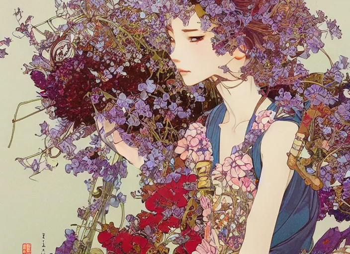 Image similar to oil painting, long shot, beautiful floralpunk japanese bio mechanical female illustration detailed patterns art of japan traditional dress, flower pop art, floral splash painting, art by ashley wood, alphonse mucha, makoto shinkai, geof darrow, dark shadow