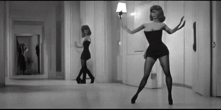 Image similar to photorealistic wide shot cinematography of a beautiful woman sliding stockings on to her legs acting in a twilight zone episode shot on film at magic hour with the sun shining into a large 6 0's hotel lobby room filled with volumetric haze by the shining cinematographer john alcott on a cooke panchro 1 8 mm lens.