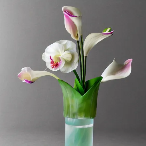 Prompt: genetically modified blend of rose lily carnation orchid ranunculus anenome, floral arrangement in futuristic!! vase made of mother of pearl, architectural digest, year 2 3 0 0