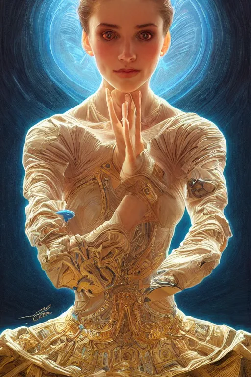 Image similar to hyperdetailed robotic ballerina with blue human eyes, human eyes, symetry, golden ratio, intricate, detailed, volumetric lighting, scenery, digital painting, highly detailed, artstation, sharp focus, illustration, artstation, art by artgerm and greg rutkowski and alphonse mucha