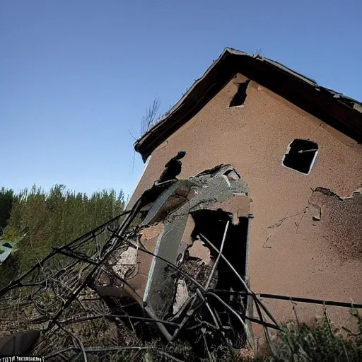 Image similar to a large funnel formed on the territory of an old village house in Russia as a result of a rocket hit where people gathered to photograph it