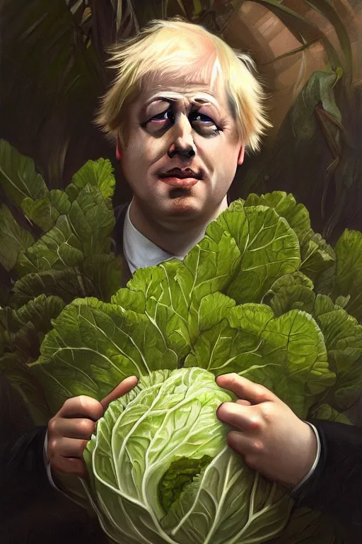 Image similar to boris johnson as garden bed for cabbage, realistic portrait, symmetrical, highly detailed, digital painting, artstation, concept art, smooth, sharp focus, illustration, cinematic lighting, art by artgerm and greg rutkowski and alphonse mucha