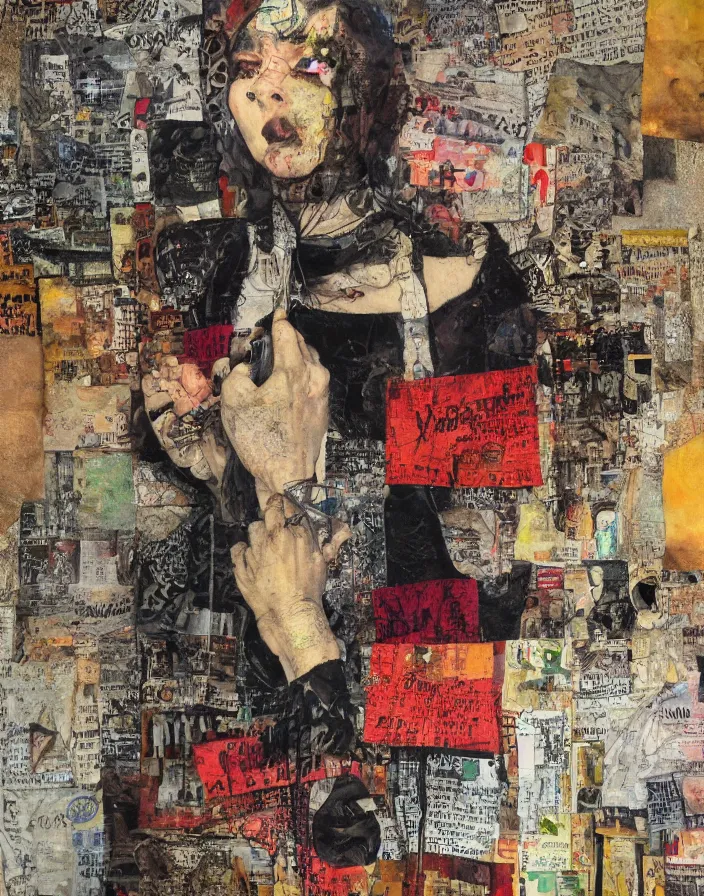 Prompt: terrible songs for terrible times detailed and highly relieved analogue mixed media collage with canvas texture in style of conteporary art, punk art, photorealistic, expressionism, masterpiece, perfect composition, hyperrealistic beautiful face, spectacular quality, intricate oil details