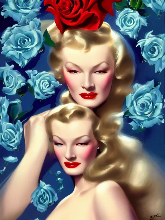 Prompt: beautiful digital painting Veronica Lake and blue roses and pearls, by Rolf Armstrong, artstation, Behance, 4K