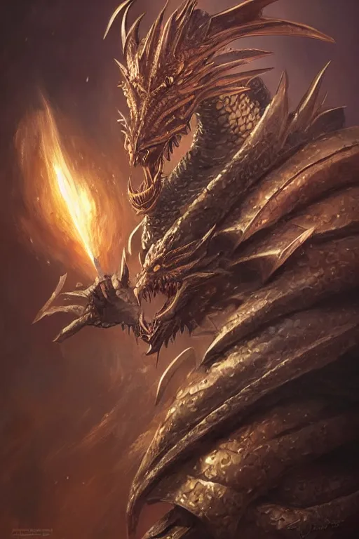 Image similar to dragon in armor, d & d, fantasy, portrait, highly detailed, headshot, digital painting, trending on artstation, concept art, sharp focus, illustration, art by artgerm and greg rutkowski and magali villeneuve