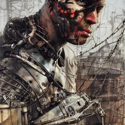 Prompt: mad max rockatansky, wires cybernetic implants, abandoned steelworks, grime and grunge, in the style of adrian ghenie, esao andrews, jenny saville,, surrealism, dark art by james jean, takato yamamoto