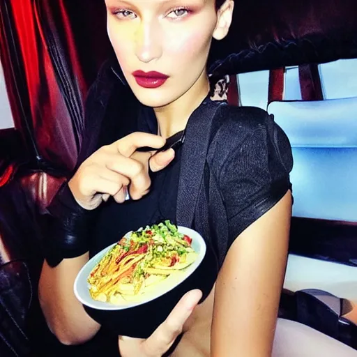 Image similar to bella hadid taking a selfie with her favorite food, photorealistic, dynamic light, fast food, ultra detailed