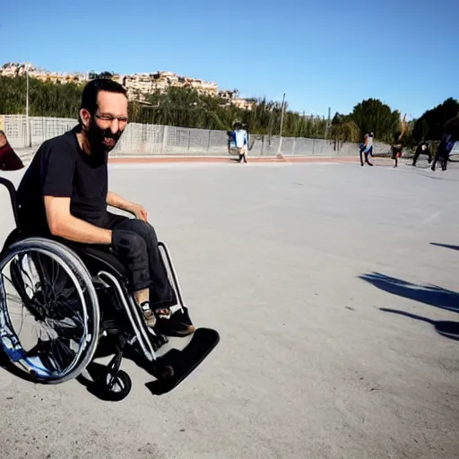 Prompt: pablo echenique in his wheelchair skateboarding in el valle de los caidos, in spain