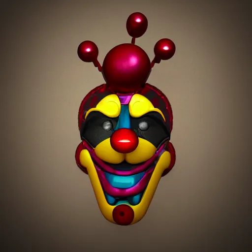 Prompt: 3d ultra photorealistic render of a new fnaf animatronic that look like a clown made of metal pieces joined together, blood all over the textures and a creepy yellow face