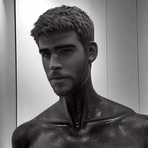 Image similar to “ a realistic detailed photo of a guy who is an attractive humanoid who is half robot and half humanoid, who is a male android, actor liam hemsworth, shiny skin, posing like a statue, blank stare, at the museum, on display ”