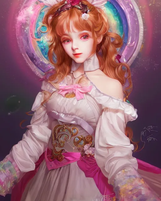 Image similar to portrait of magical lolita girl, dreamy and ethereal, expressive pose, big gold eyes, exciting expression, fantasy, intricate, elegant, many rainbow bubbles, rose tones, highly detailed, anime, artstation, concept art, cyberpunk wearing, smooth, sharp focus, illustration, art by artgerm and greg rutkowskiand alphonse mucha