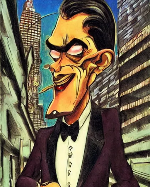 Image similar to sinister male antagonist in suit, wealthy high - rise apartment, artwork by ralph bakshi