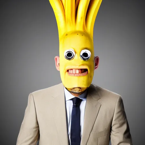 Image similar to banana head, a man wearing a suit banana head