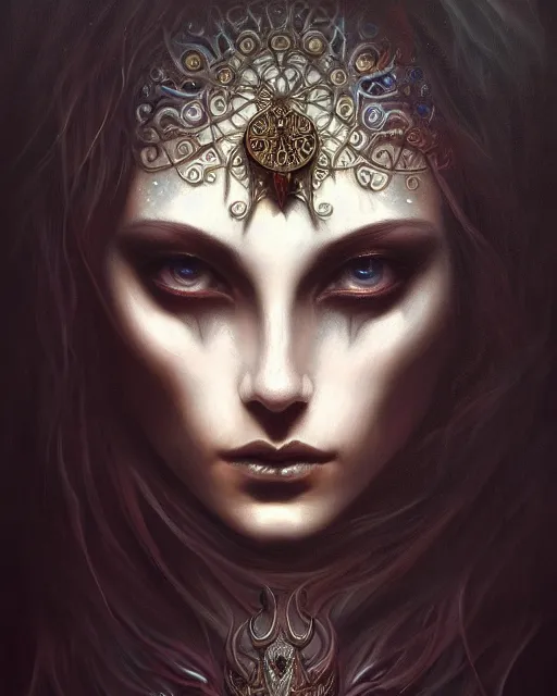 Image similar to painting of a dark ritual, enigmatic beauty, esoteric, muted colors, head in focus, fantasy art, ornamental aesthetics, intricate, elegant, highly detailed hyperrealistic painting, artstation, concept art, painterly, sharp focus, illustration, art by lois royoi