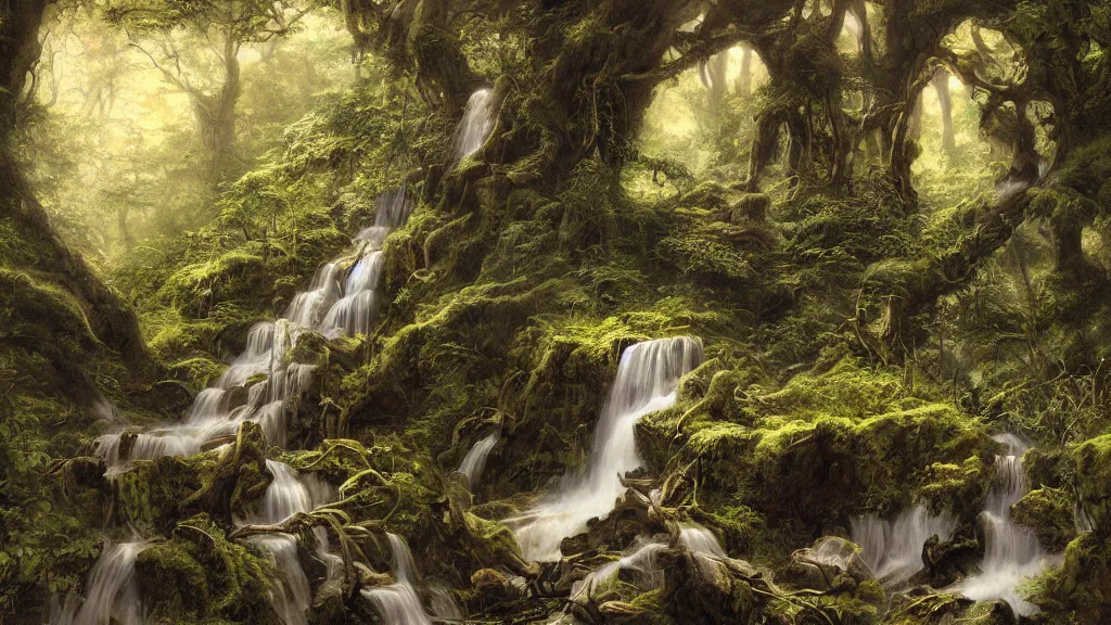 Image similar to an overgrown chasm in the earth leads down into darkness with many small waterfall streams and gnarled exposed tree trunks and roots ponds and wildlife, in a style blend of kunstler and leyendecker and rockwell, fine art, volumetric lighting, intricate details