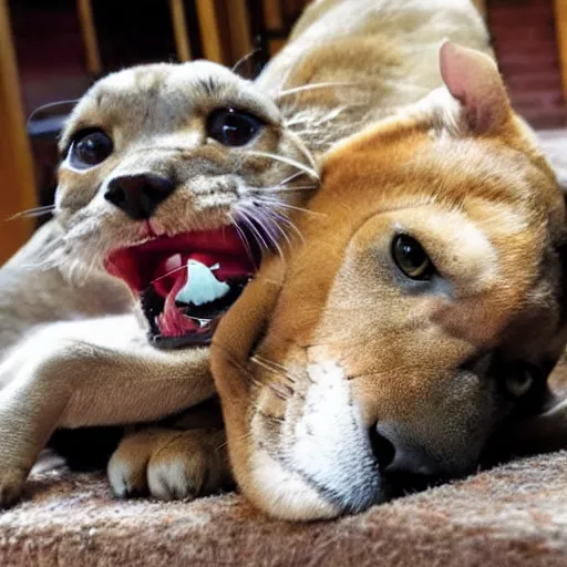 Image similar to panther shows teeth to a small long dog