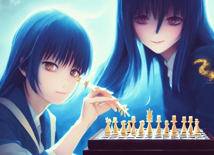 Image similar to rimuru playing chess, with gold eyes, sky blue straight hair, bangs, black jacket, high collar, concept art, award winning photography, digital painting, cinematic, by wlop, anime key visual, wlop, 8 k, by ross tran, tom bagshaw, ilya kuvshinov,