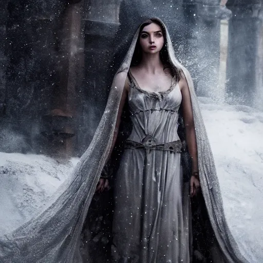 Prompt: tall female angel, ana de armas, flowing robes, shroud, veil, ornate armor, standing on a snowy ruined temple