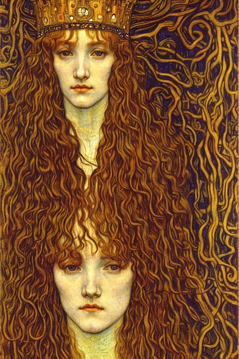 Image similar to detailed realistic beautiful young medieval queen face portrait by jean delville, gustav klimt and vincent van gogh, art nouveau, symbolist, visionary, gothic, pre - raphaelite, muted earthy colors, desaturated