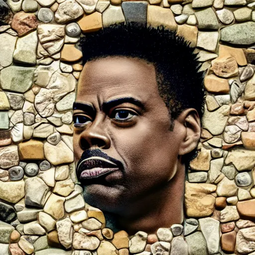 Prompt: a portrait of of chris rock constructed from rocks, collage, drop shadow, organic, layered composition, layers, texture, mcu, petals, highly textured, layered, sculpted, dynamic,