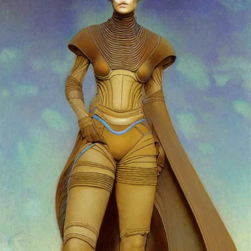 Image similar to masterpiece full body portrait of a beautiful female Fremen on Dune, by Edgar Maxence and Ross Tran and Michael Whelan and Gustav Klimpt