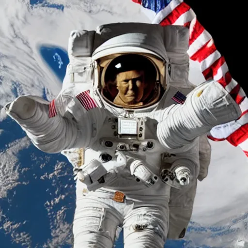 Image similar to donald trump in a space suit, holding an automatic rifle, on board the international space station. Photorealistic