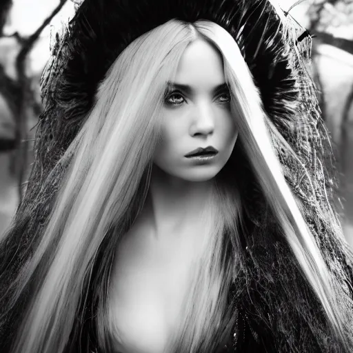 Image similar to beautiful portrait of a dark sorceress female, 35mm, cinematic shot, photorealistic, depth of field, style of irwing penn