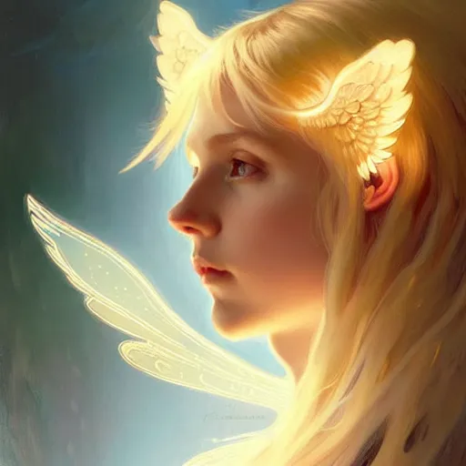 Image similar to A girl angel with blonde hair, cat ears, glowing halo, wings, fantasy, intricate, elegant, highly detailed, digital painting, artstation, concept art, smooth, sharp focus, illustration, art by Krenz Cushart and Artem Demura and alphonse mucha