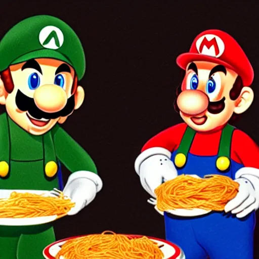 Prompt: Mario and Luigi struggling to eat spaghetti