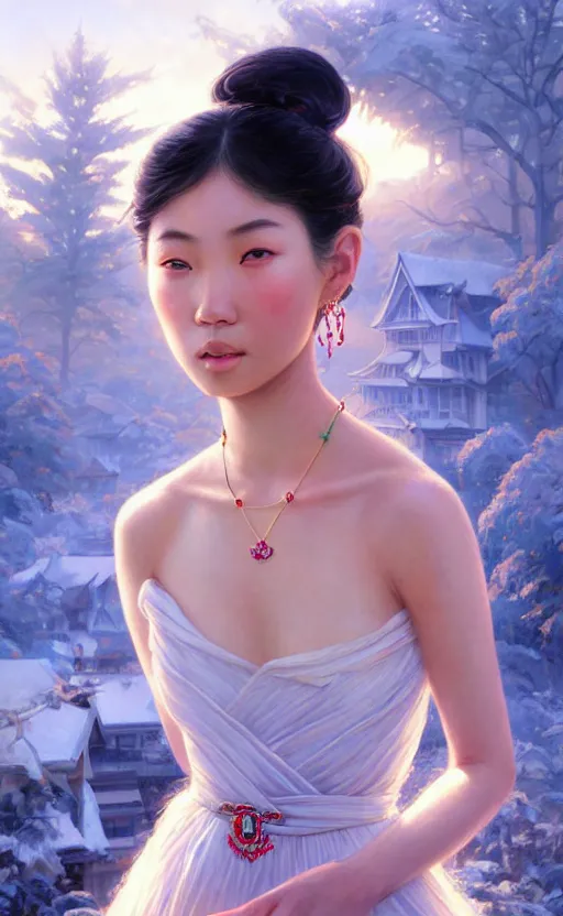 Image similar to a beautiful young charming asian goddess with sundress + jewelry + shinny eyes | | winter, symmetric, realistic shaded, unpleasant face, good looking, fine details, dior, lv, realistic shaded lighting poster by greg rutkowski, macoto takahashi, magali villeneuve, artgerm, jeremy lipkin and michael garmash