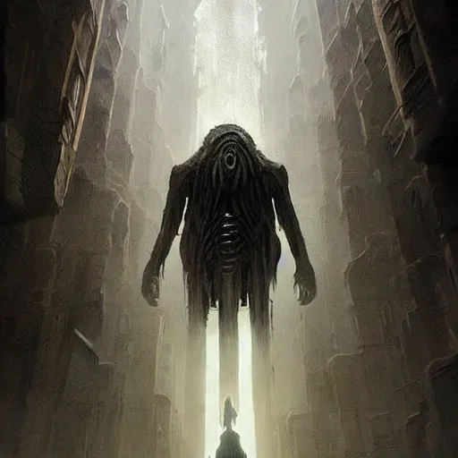 Prompt: a beautiful terrifying immense pale humanoid giant looms over a tiny human. ethereal horror fantasy art by greg rutkowski and hr giger