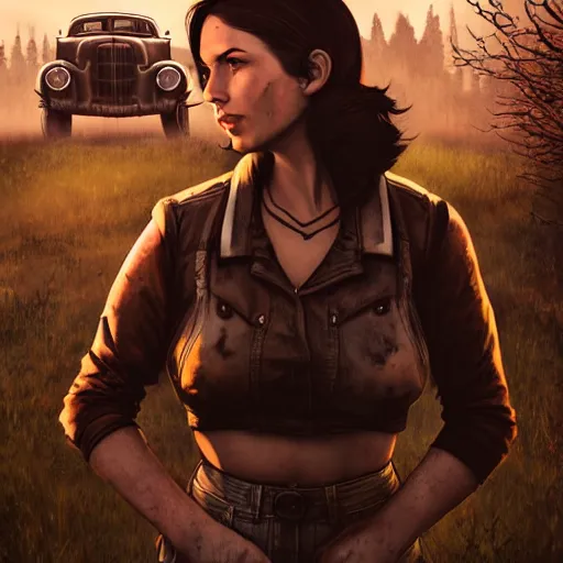 Image similar to fallout 5, charismatic brunette female protagonist, portrait, outdoors scene, somewhere in a low density rural town, retro rusted cars, atmospheric lighting, painted, intricate, volumetric lighting, beautiful, daytime, sunny weather, sharp focus, slightly desaturated, ultra detailed, by leesha hannigan, ross tran, thierry doizon, kai carpenter, ignacio fernandez rios