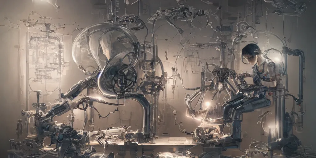 Image similar to hyperrealistic photography of a gorgeous cyborg scientist constructing a poetry machine in the style of Jin Kagetsu, James Jean and wlop, highly detailed, masterpiece, award-winning, sharp focus, intricate concept art, ambient lighting, 8k, artstation