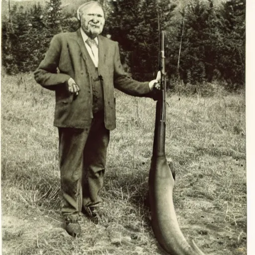 Prompt: old polaroid photo of an old man holding a rifle and standing proudly next to a dinosaur corpse