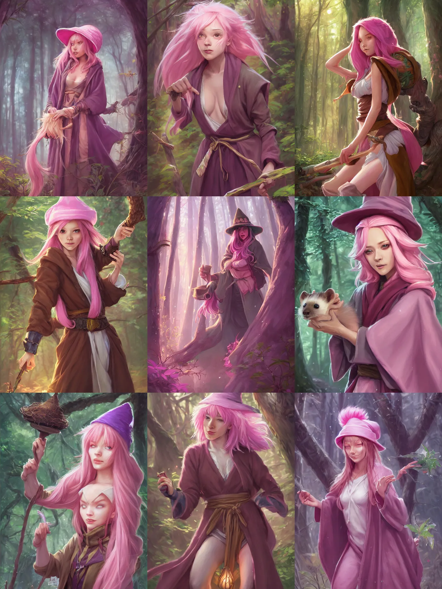 Prompt: picture of cute female wizard in the forest, ferret inspired robes and hat, pink hair, brown skin, energetic, high fantasy, highly detailed, detailed faces, smooth, sharp focus, chiaroscuro, digital painting, concept art, rossdraws and moebius and jon mcnaughton