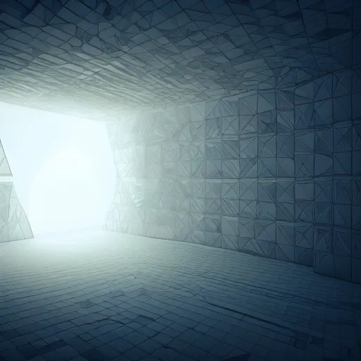 Prompt: Room with several geometric shapes in endless dark cube with white contours. Realistic Concept Art photography