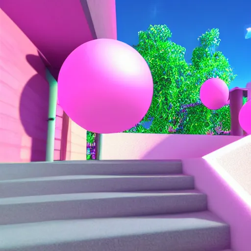 Image similar to surreal 3 d vaporwave raytraced scene, global illumination, floating illuminated orbs, pink staircase, trending on artstation, masterpiece