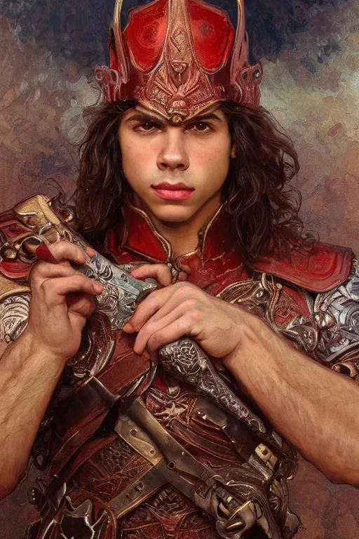 Prompt: painted close up portrait of jake t. austin, beautiful, scantily, dangerous, stoic, red leather armor, fantasy, intricate, elegant, highly detailed, digital painting, artstation, concept art, smooth, sharp focus, illustration, art by gaston bussiere and alphonse mucha