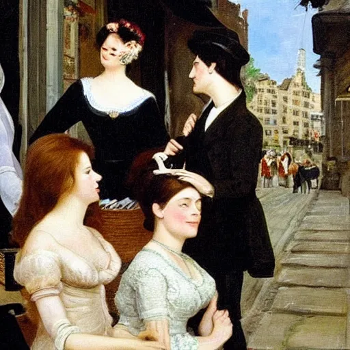 Prompt: niclas weintz trying to flirt with anne hathaway in a sunny street with jealous women with black hair standing in the back, 4 k, painting by eugene de lacroix, beautiful, high detail,