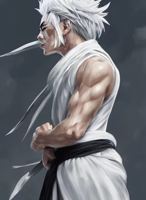 Image similar to a highly detailed illustration of fierce white haired attractive young japanese man wearing white hakama, black eyes, dramatic serious pose, muscular, intricate, elegant, highly detailed, centered, digital painting, artstation, concept art, smooth, sharp focus, league of legends concept art, wlop