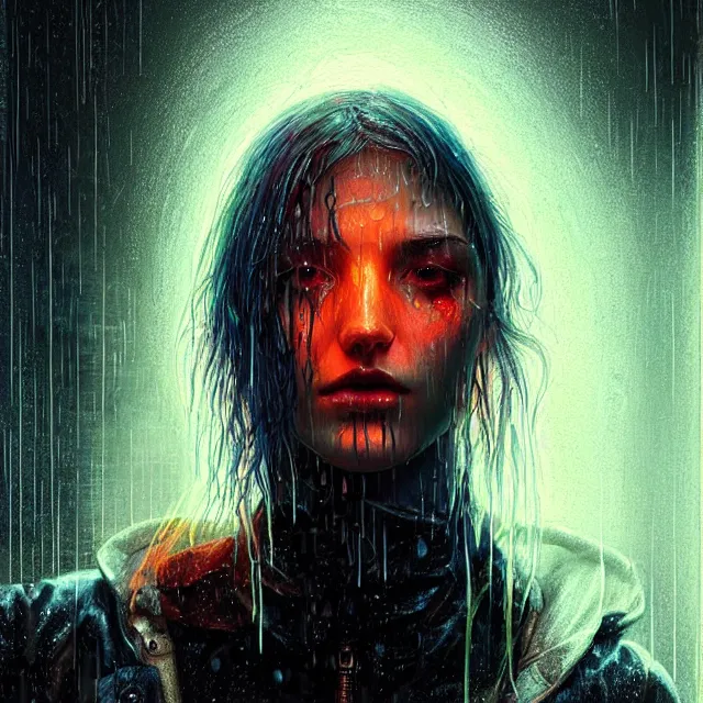 Image similar to bright portrait LSD glowing backlit rain on face and wet hair, cyberpunk, overhead lighting, fantasy, intricate, elegant, dramatic lighting, highly detailed, lifelike, photorealistic, digital painting, artstation, illustration, concept art, smooth, sharp focus, art by John Collier and Albert Aublet and Krenz Cushart and Artem Demura and Alphonse Mucha