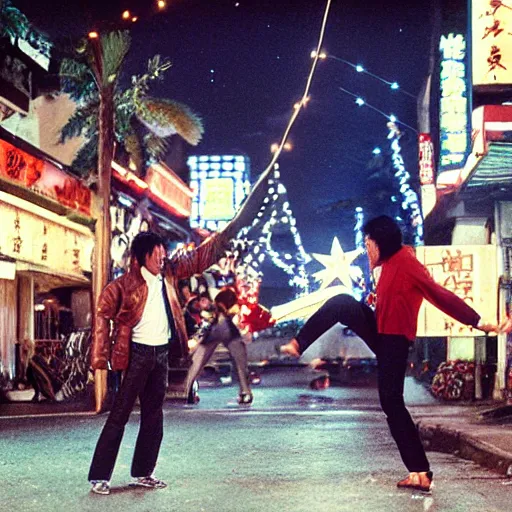 Prompt: Japanese man in brown leather jacket and denim jeans, kung fu fighting street punks to save his girlfriend along seaside with palm trees covered in Christmas lights, afternoon, Okinawa, 1987 photograph